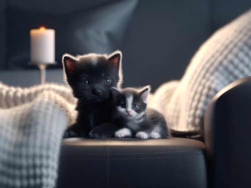 a baby cat with black fur on a couch 000