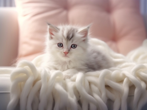 a baby cat with white fur on a couch 000
