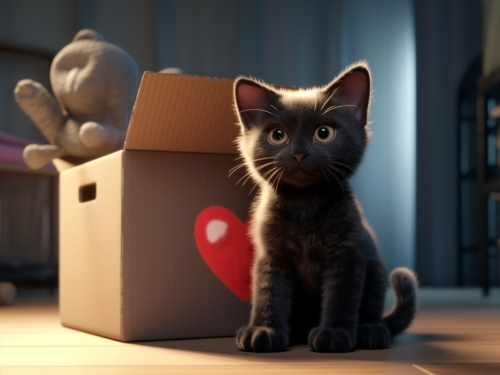 a black fur baby cat before a box 000