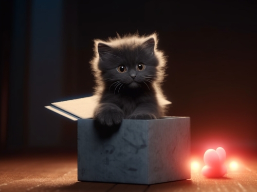 a black fur baby cat in a box 000