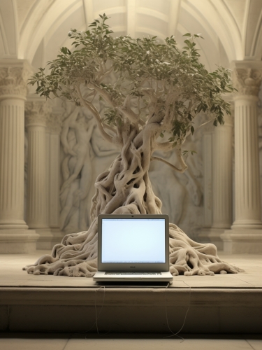 a computer behind a tree 000