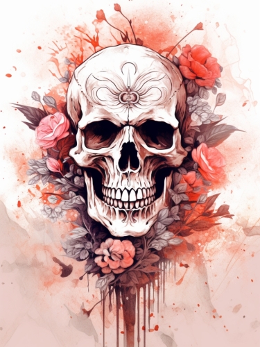 a drawing of a skull with watercolor flowers 001