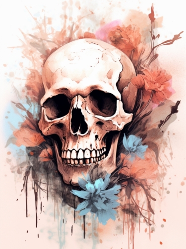 a drawing of a skull with watercolor flowers 003