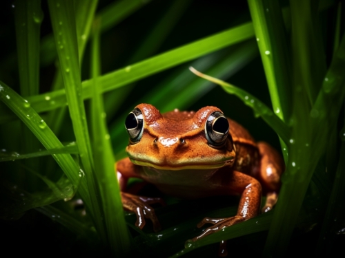 a small brown frog is on some green grass 000