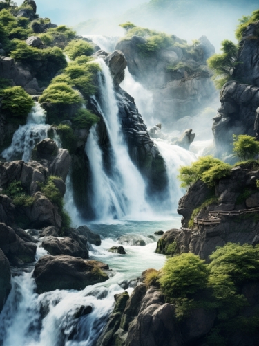 a waterfall near green rocks 000