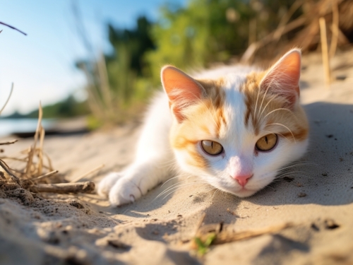 a white and brown cat is laying on the sand 000