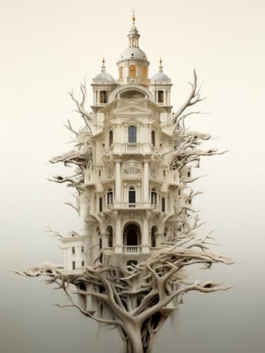 a white building on a tree structure 000