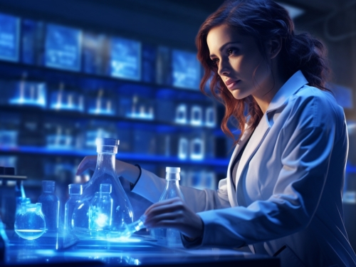 a woman in lab coat and protective gear 000