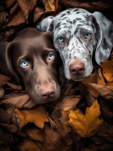 two dogs are lying together in leaves 000